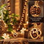 Natural 5 Mukhi Rudraksha pendant with gold Om design displayed in a warm traditional setting with diya and flowers
