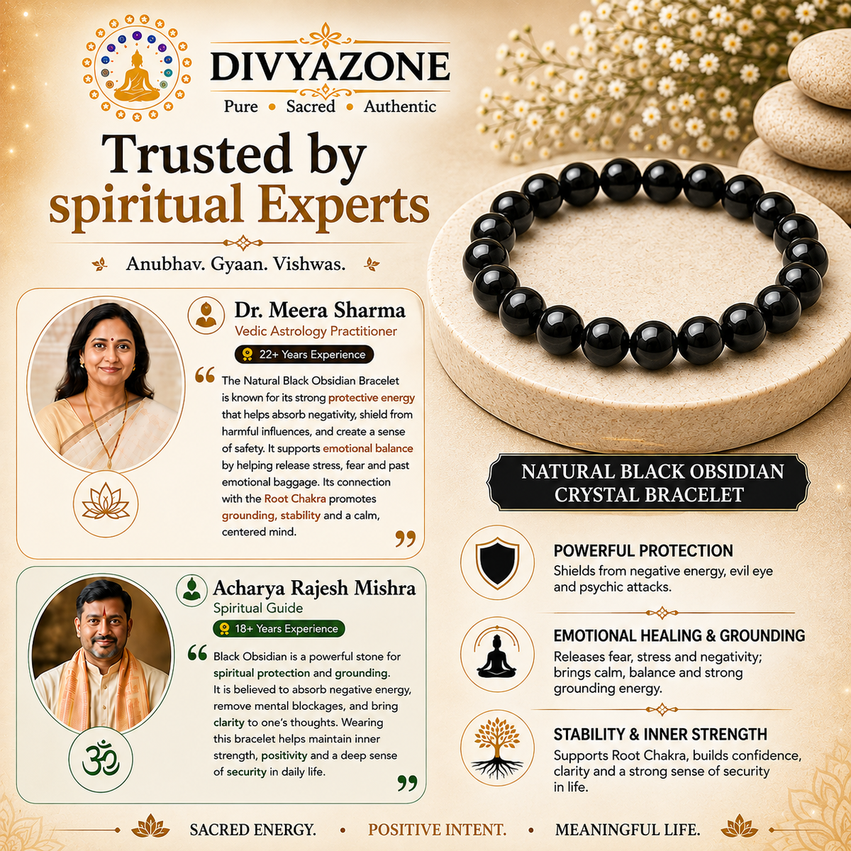 Spiritual experts sharing traditional benefits of Natural Black Obsidian Bracelet for protection, grounding, emotional balance and inner strength