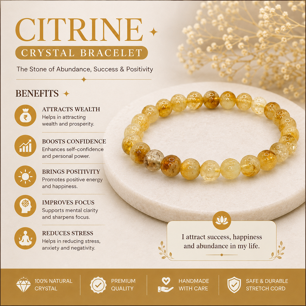Natural Citrine crystal bracelet with traditional associations for abundance, confidence, positivity and focus
