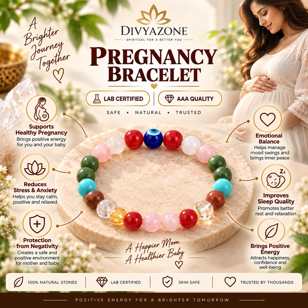 DIVYAZONE Pregnancy Bracelet made with natural gemstones including Rose Quartz, Carnelian, Turquoise, Clear Quartz and Unakite, designed as a meaningful spiritual wellness accessory.