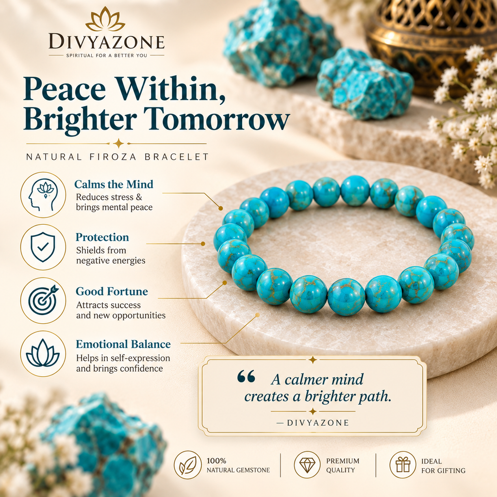 Divyazone natural Firoza bracelet showing traditional benefits including peace, protection, prosperity and emotional balance