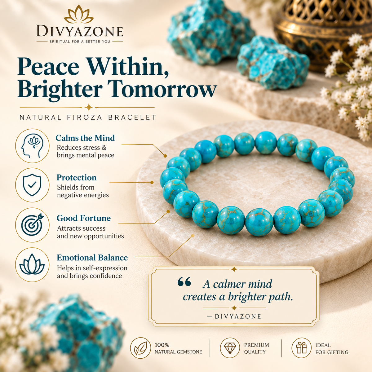 Divyazone natural Firoza bracelet showing traditional benefits including peace, protection, prosperity and emotional balance