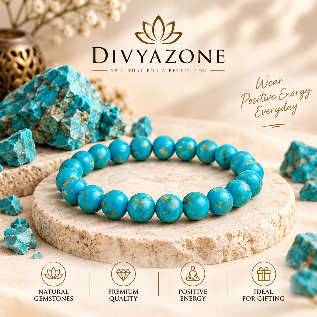 Divyazone natural Firoza bracelet displayed on a stone pedestal with natural Firoza crystal