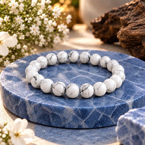 Natural white Howlite crystal bracelet with grey veining displayed on a blue stone surface with flowers and a warm natural background.