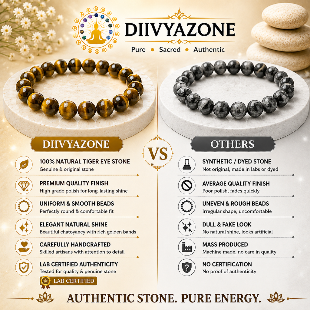 DivyaZone Natural Tiger Eye Crystal Bracelet compared with a black and white bracelet for natural quality, smooth beads, golden chatoyancy and authenticity