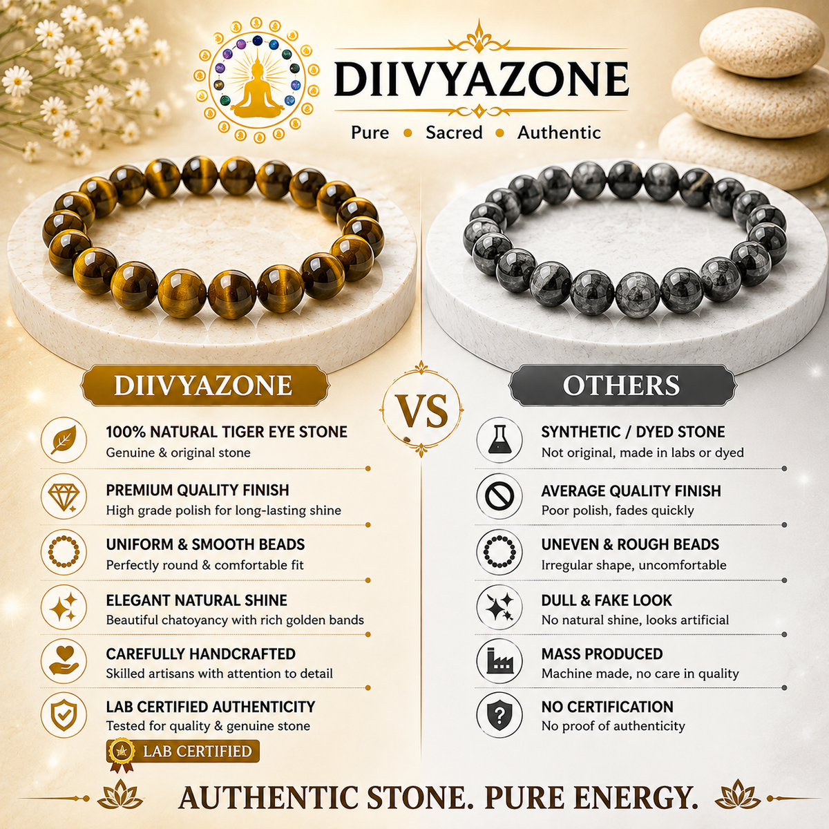 DivyaZone Natural Tiger Eye Crystal Bracelet compared with a black and white bracelet for natural quality, smooth beads, golden chatoyancy and authenticity