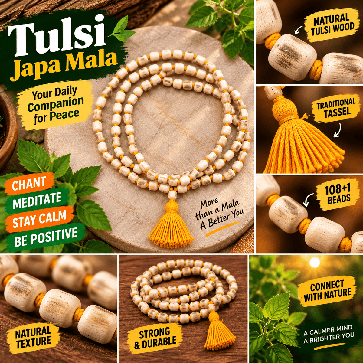 Natural Tulsi Japa Mala 108+1 beads with 8mm Tulsi wood beads and traditional tassel