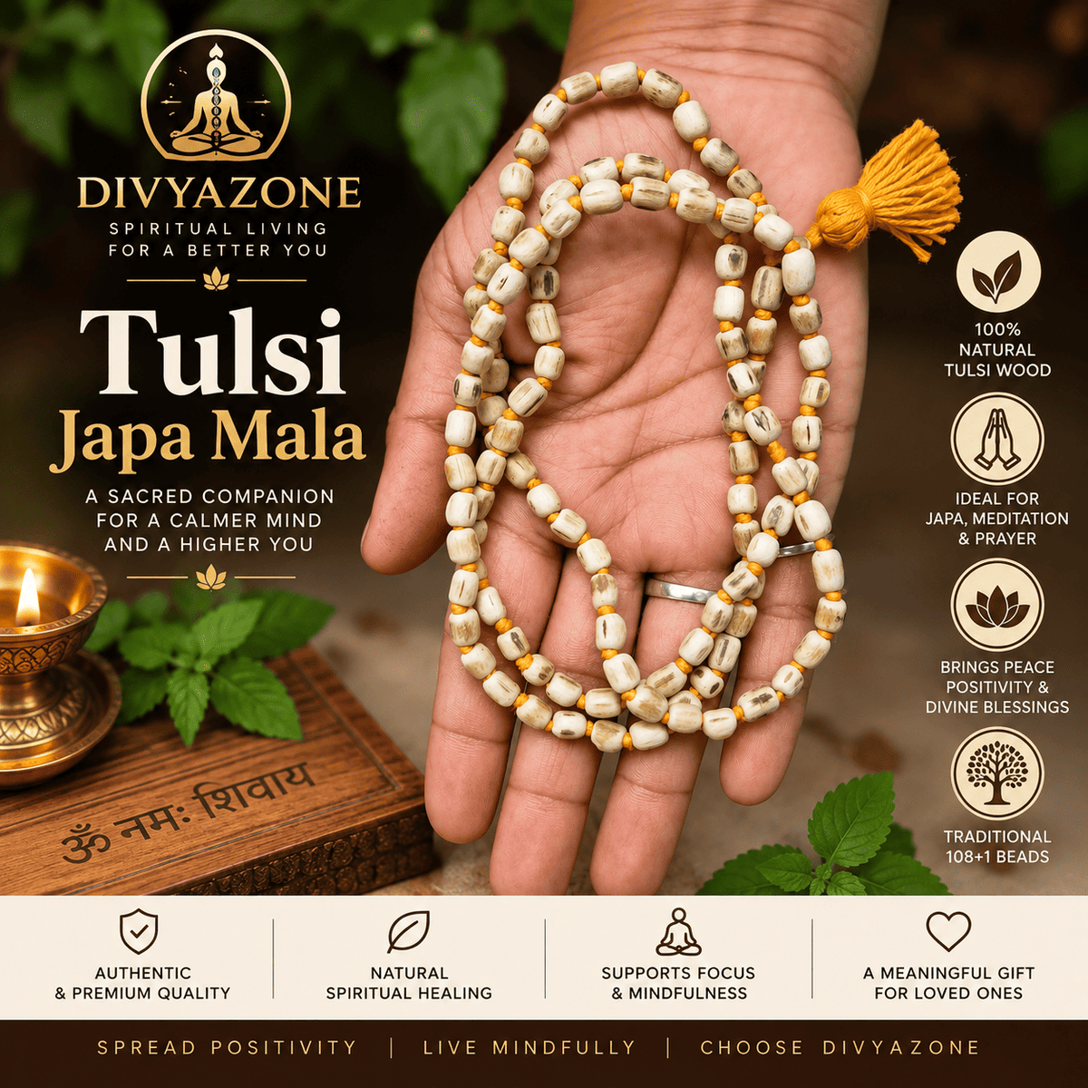 Natural Tulsi Mala 108+1 beads 8mm worn by a man for japa and meditation
