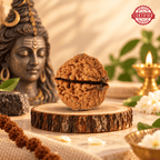 Natural 2 Mukhi Rudraksha bead displayed on a wooden stand with a warm devotional background and certified badge