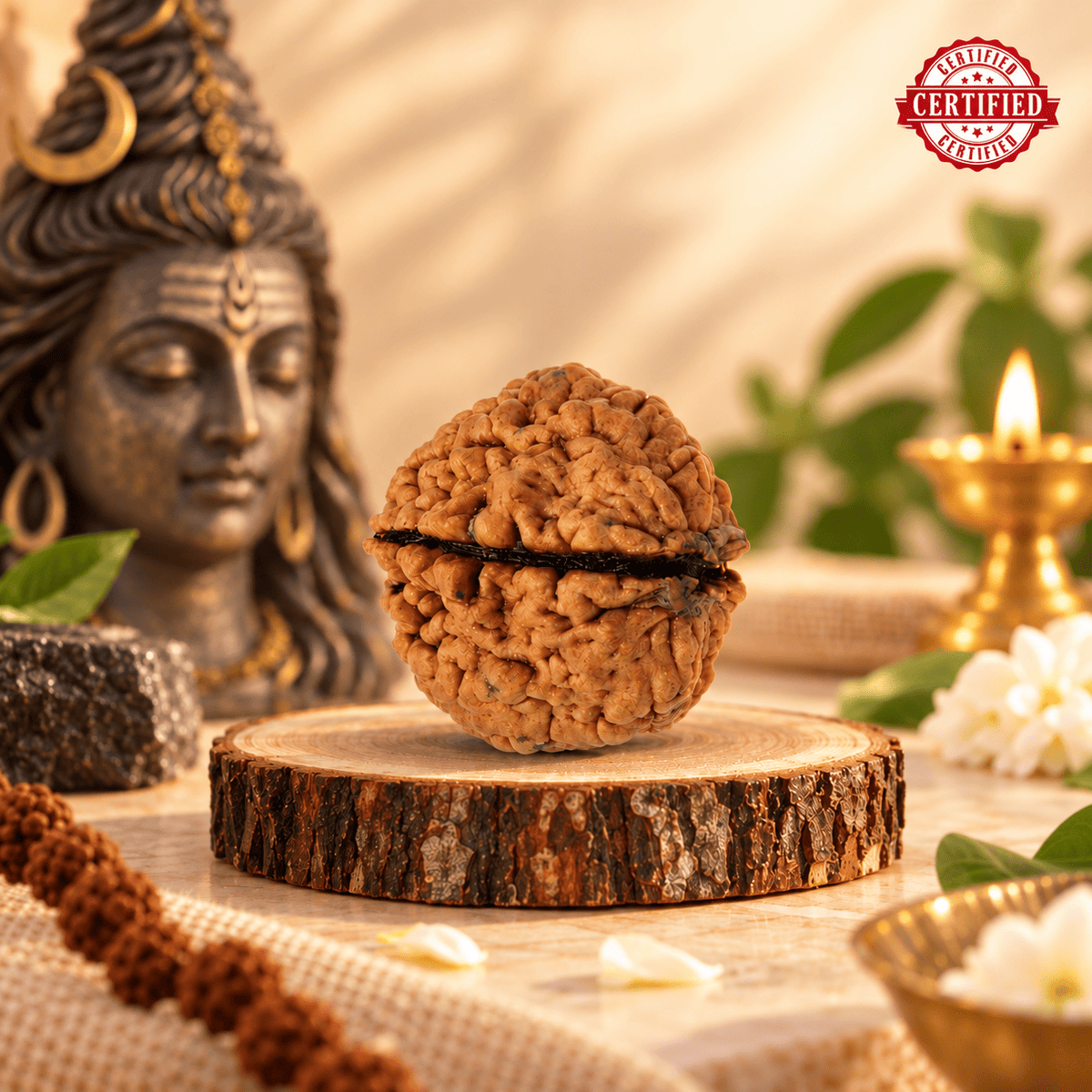 Natural 2 Mukhi Rudraksha bead displayed on a wooden stand with a warm devotional background and certified badge