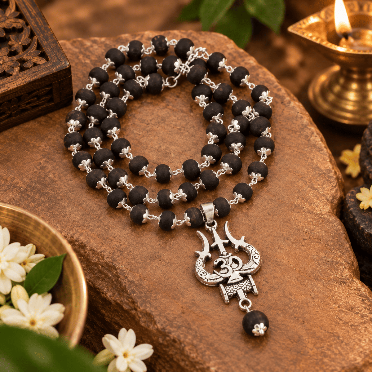 Original Karungali Mala with black ebony beads, silver floral spacers and Om Shiva Trishul pendant displayed on a natural stone surface