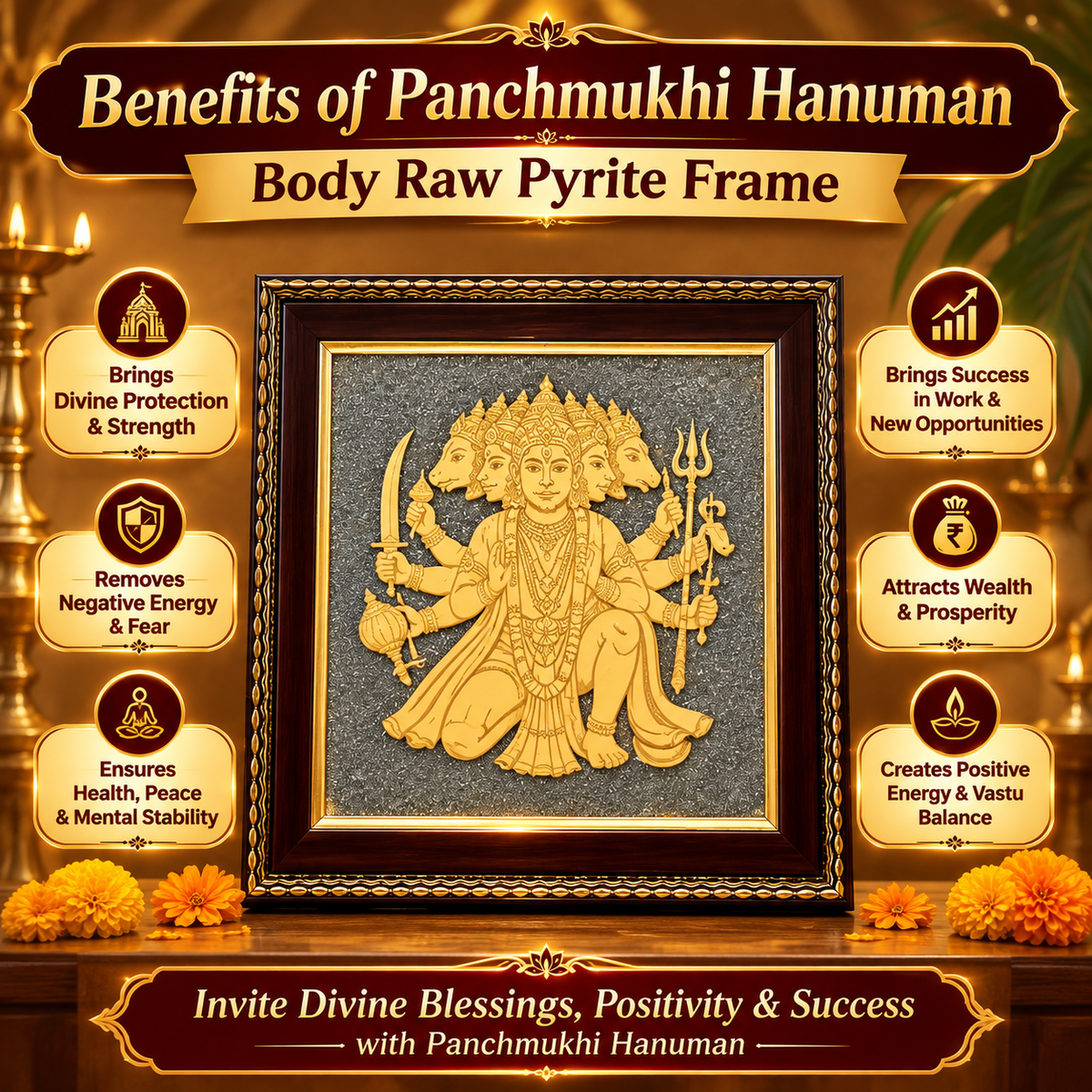 Panchamukhi Hanuman Raw Pyrite spiritual frame for protection, prosperity and abundance