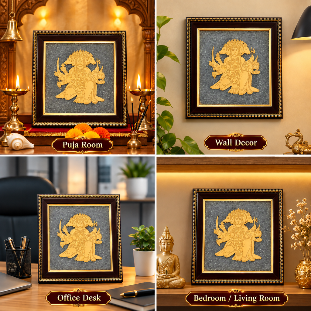 Panchamukhi Hanuman Raw Pyrite Frame display options for home, office and puja room