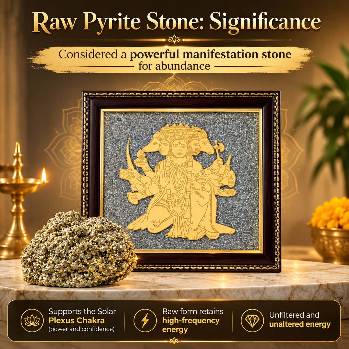 Panchamukhi Hanuman frame featuring natural raw pyrite for prosperity and positive energy