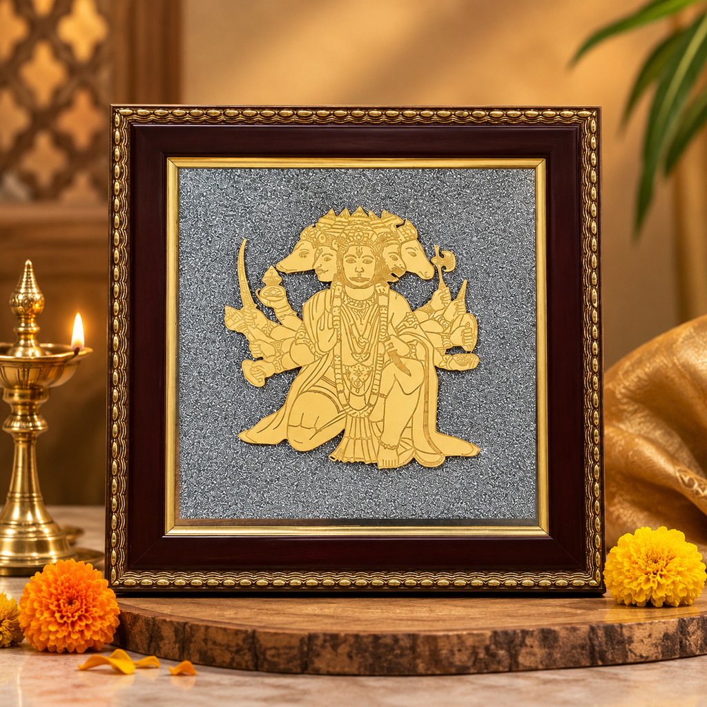 Panchamukhi Hanuman Raw Pyrite Frame for home temple, office and spiritual decor