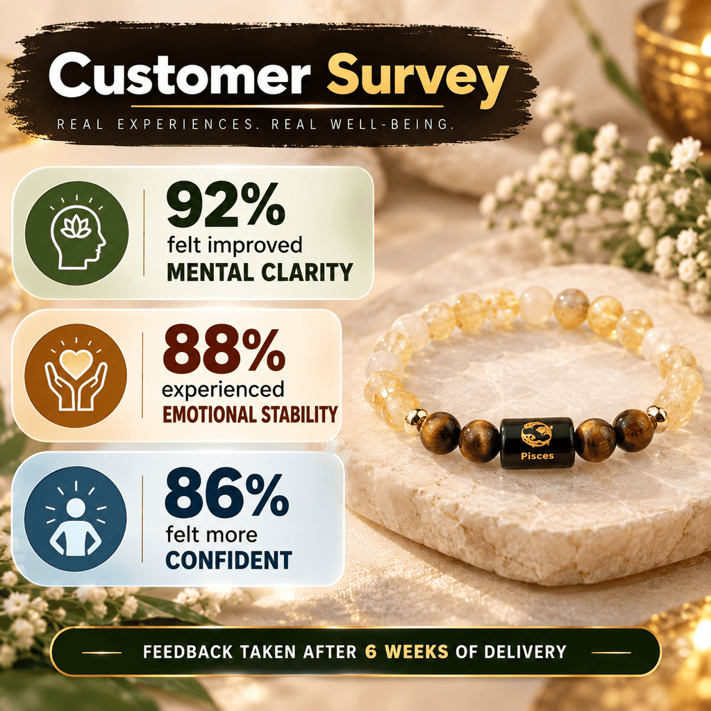 Customer survey showing reported mental clarity, emotional stability and confidence with Pisces bracelet | DivyaZone