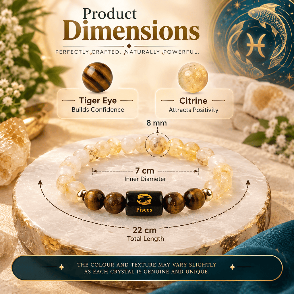 Pisces bracelet showing 8 mm bead size, 7 cm inner diameter and approximately 22 cm total length | DivyaZone