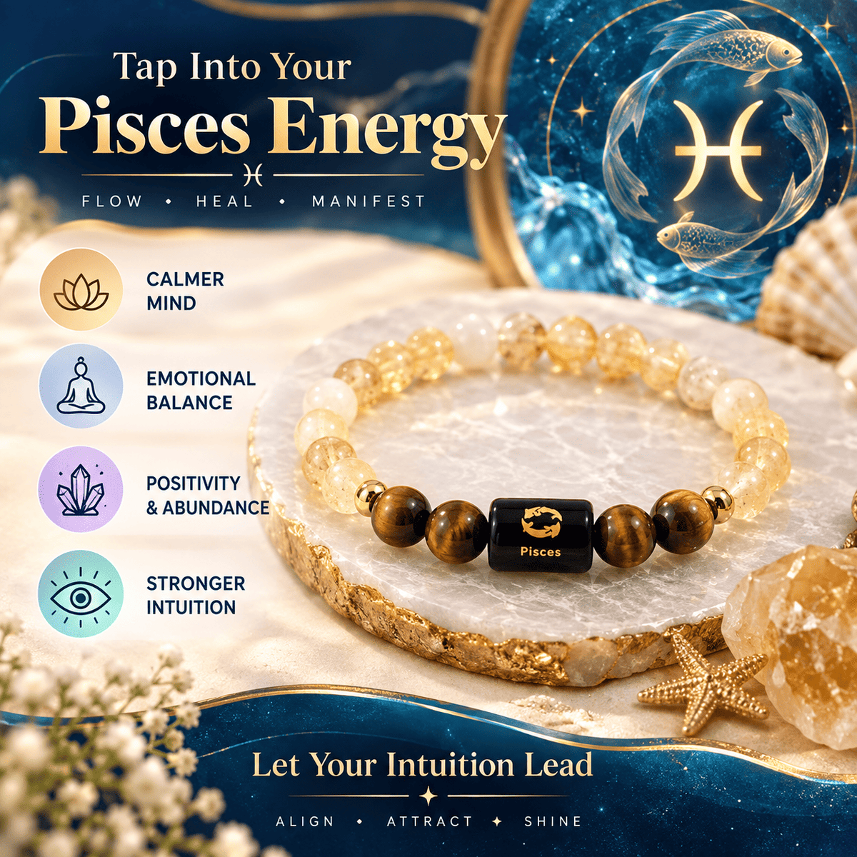 Pisces bracelet highlighting intuition, emotional balance, positive energy and inner peace | DivyaZone