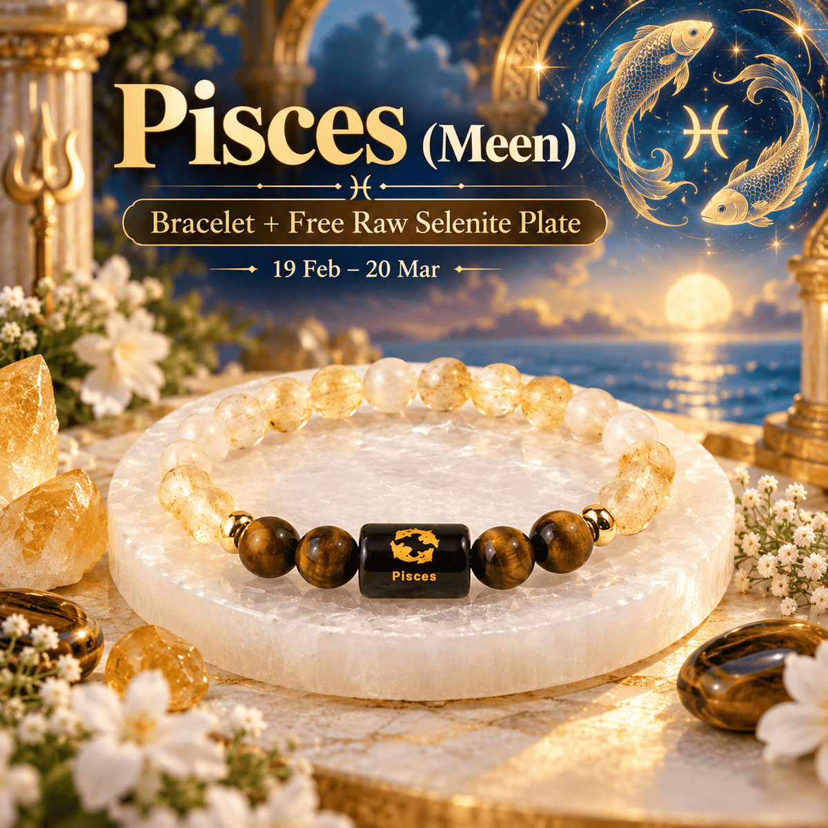 Pisces zodiac bracelet featuring Tiger Eye and Citrine crystals with a free raw Selenite plate | DivyaZone