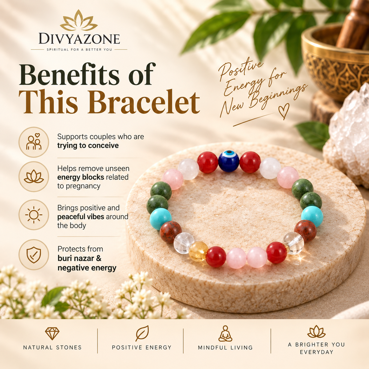 Benefits of DIVYAZONE Pregnancy Bracelet with natural healing crystals traditionally associated with fertility, protection, emotional balance and positive nurturing energy.