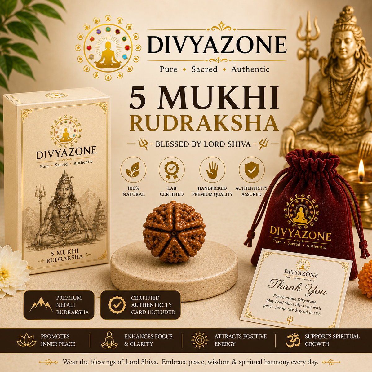 Premium Divyaura packaging with 5 Mukhi Rudraksha, rigid gift box, red velvet pouch and thank you card.