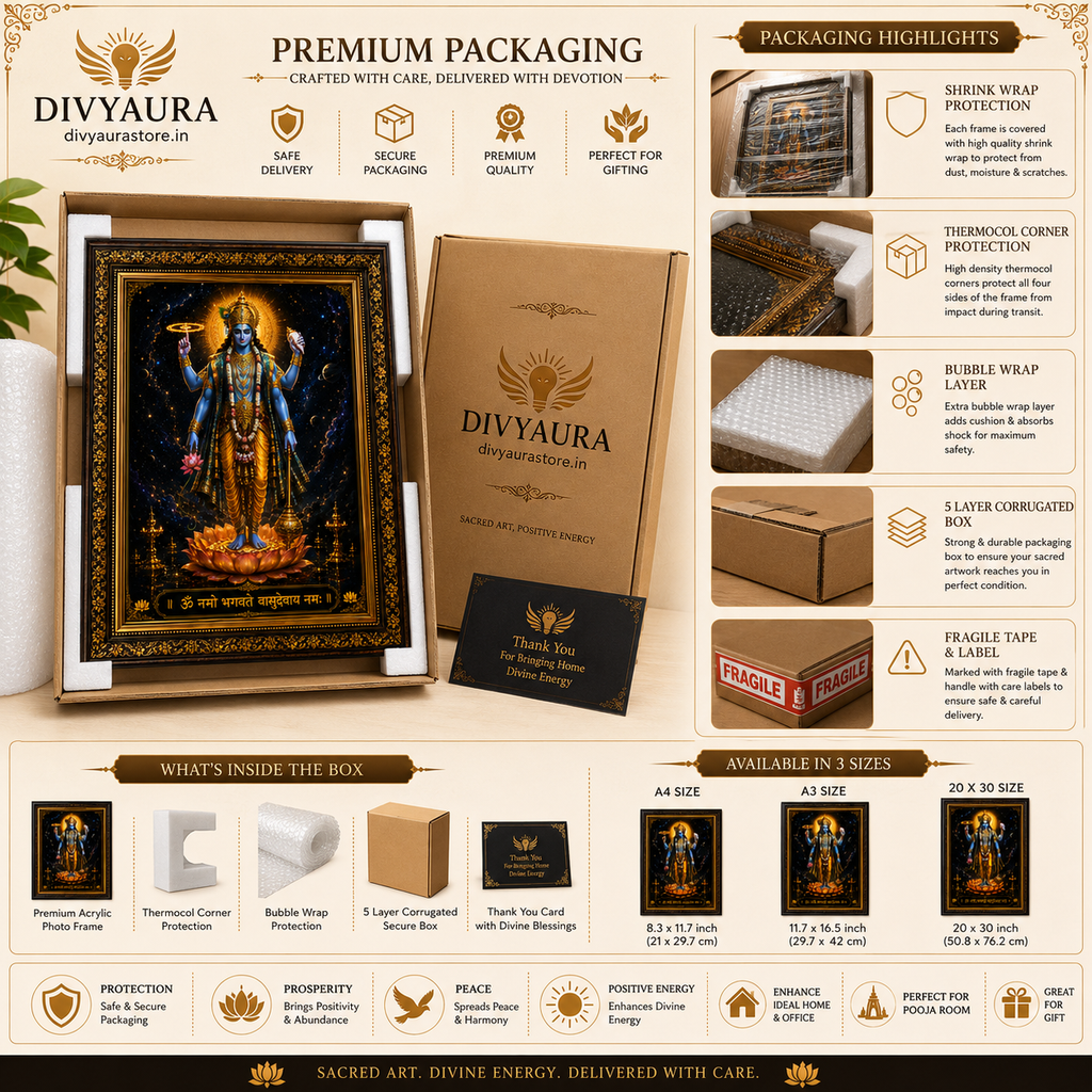 Premium Lord Vishnu Chaturbhuja framed acrylic wall art for pooja room, living room, office, and meditation space