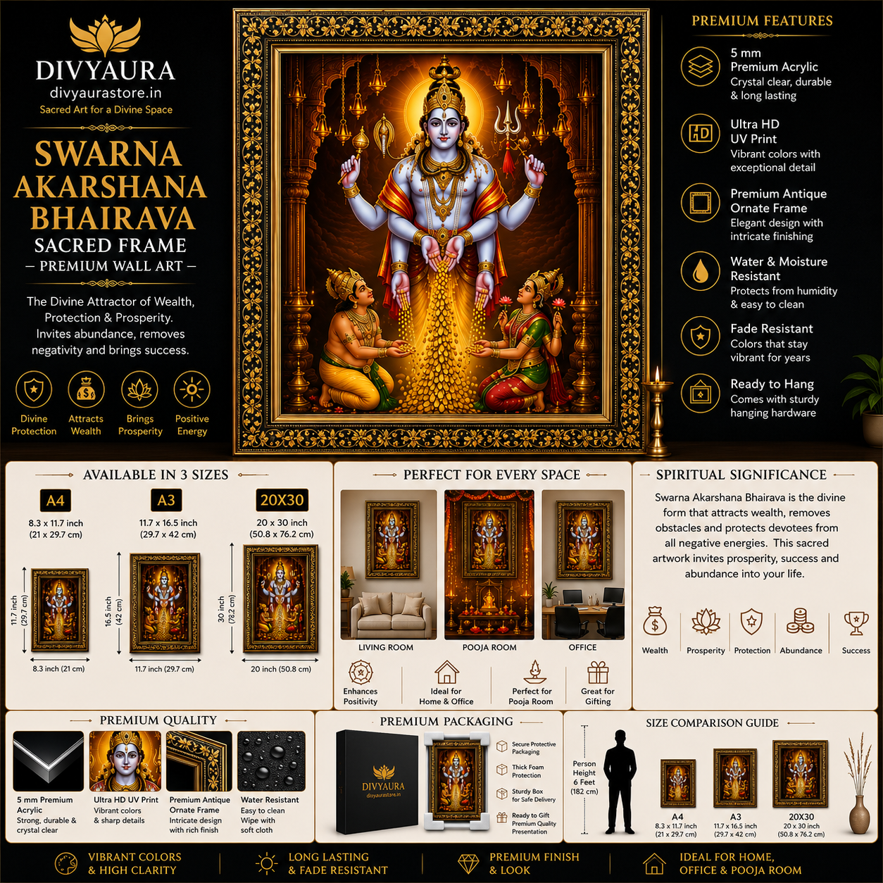 Premium Swarna Akarshana Bhairava framed wall photo for pooja room, vastu, and spiritual decor