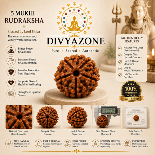 Premium infographic showing 5 Mukhi Nepali Certified Rudraksha, authenticity, lab certification and spiritual benefits.