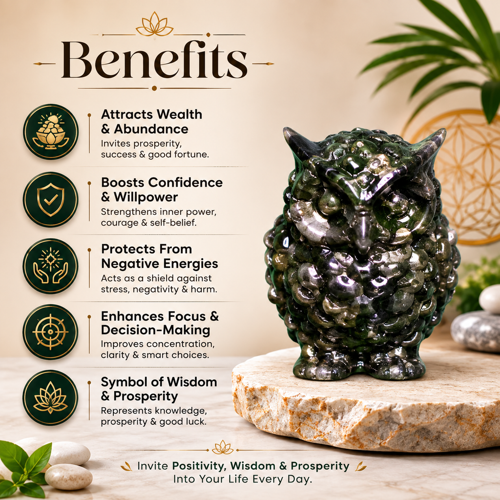 Pyrite Owl benefits associated with wealth prosperity wisdom and abundance