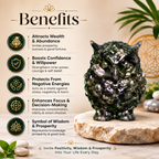 Pyrite Owl benefits associated with wealth prosperity wisdom and abundance