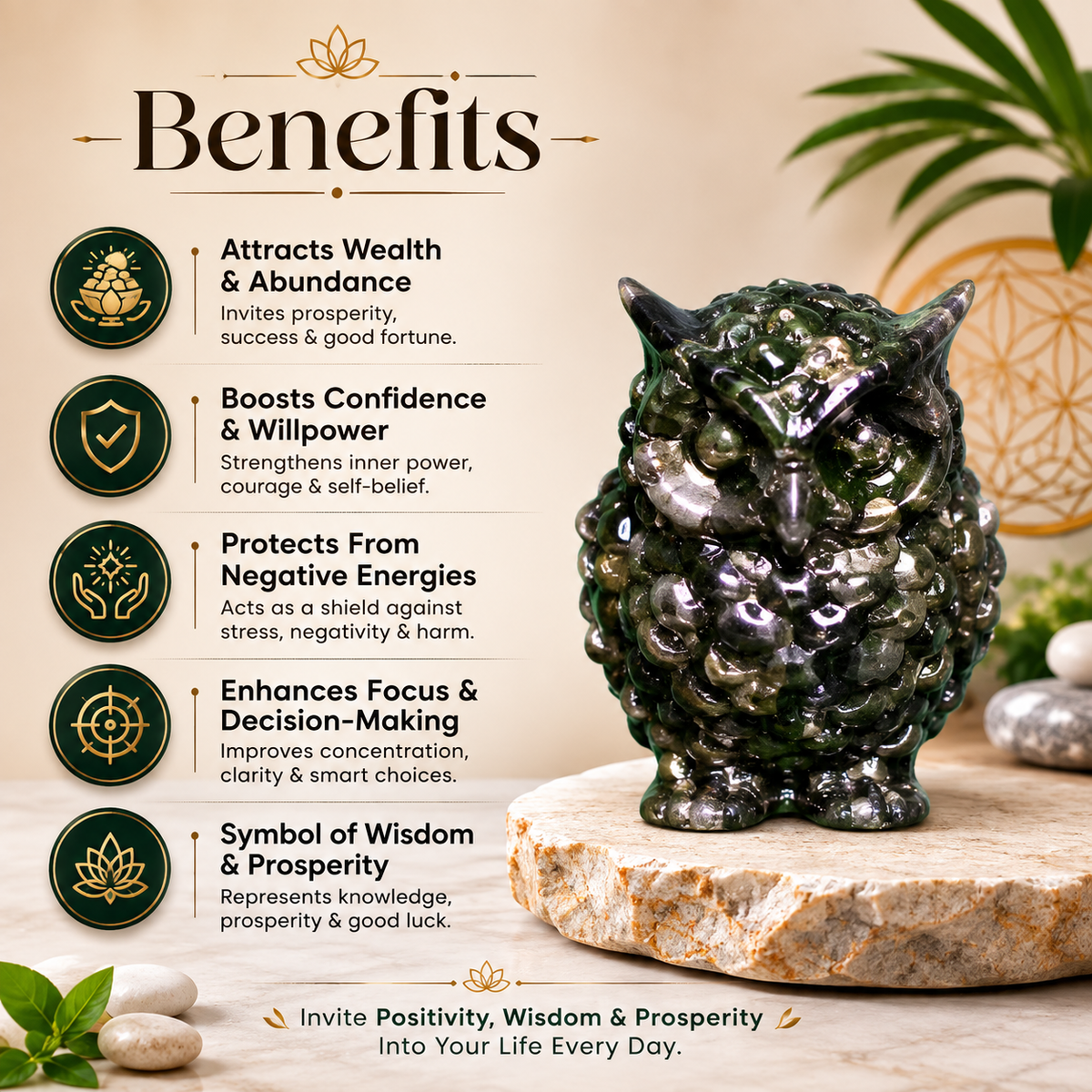 Pyrite Owl benefits associated with wealth prosperity wisdom and abundance
