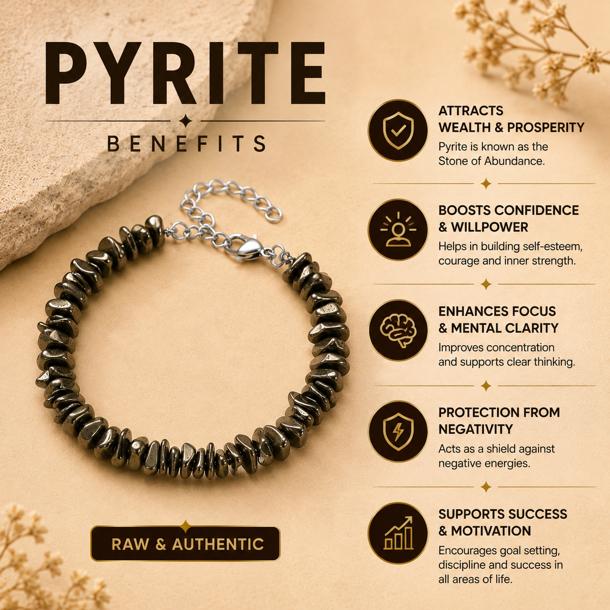 Pyrite Stone Splash Bracelet featuring natural pyrite stones with wealth, confidence, focus, protection and success benefits