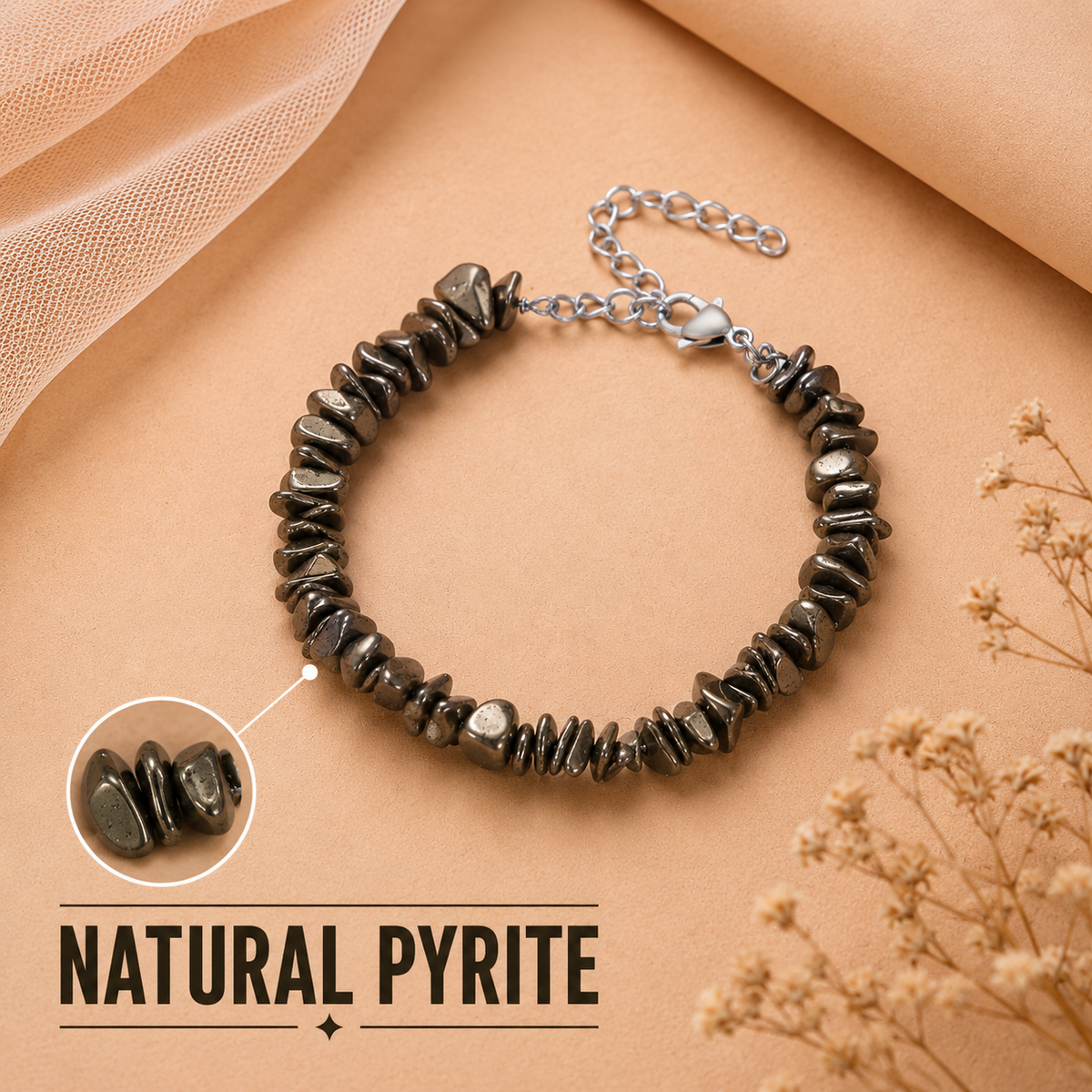 Pyrite Stone Splash Bracelet highlighting natural pyrite chip stones with adjustable silver extension chain