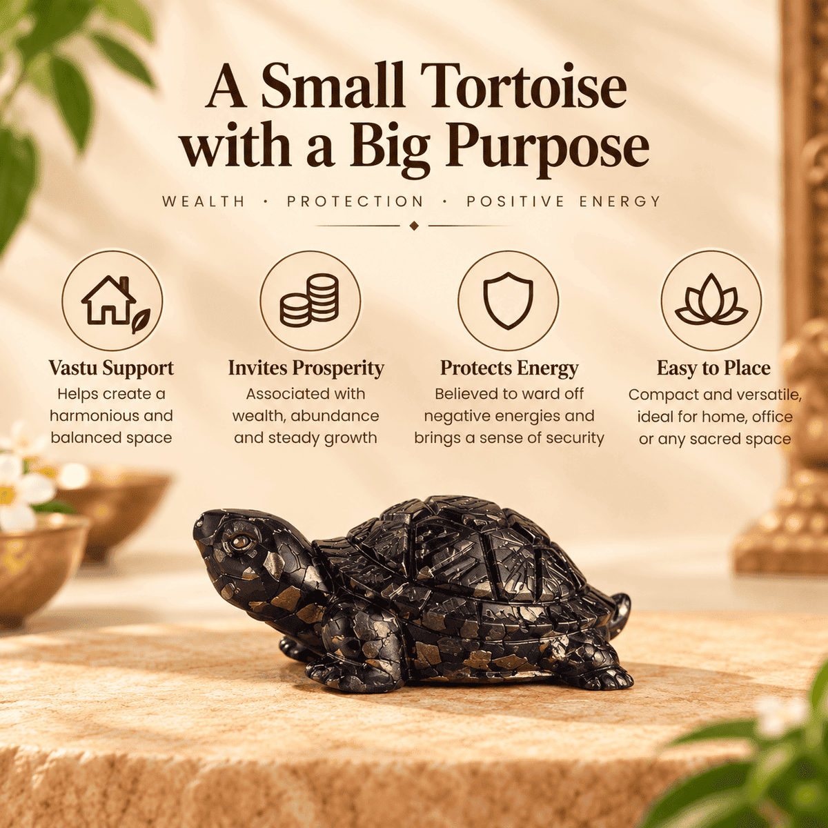 Pyrite Tortoise with Vastu-inspired benefits related to prosperity, protection, positive energy and easy placement