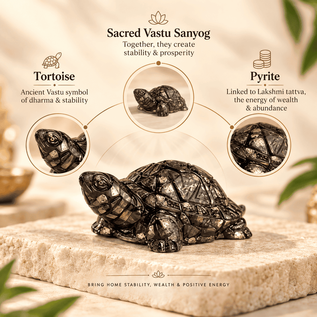 Pyrite Tortoise infographic explaining traditional associations with Vastu, prosperity, protection and steady growth