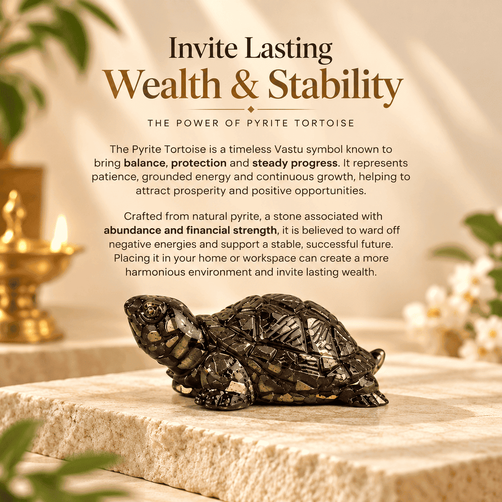 Pyrite Tortoise placed on a stone surface representing traditional Vastu beliefs about wealth, stability and prosperity