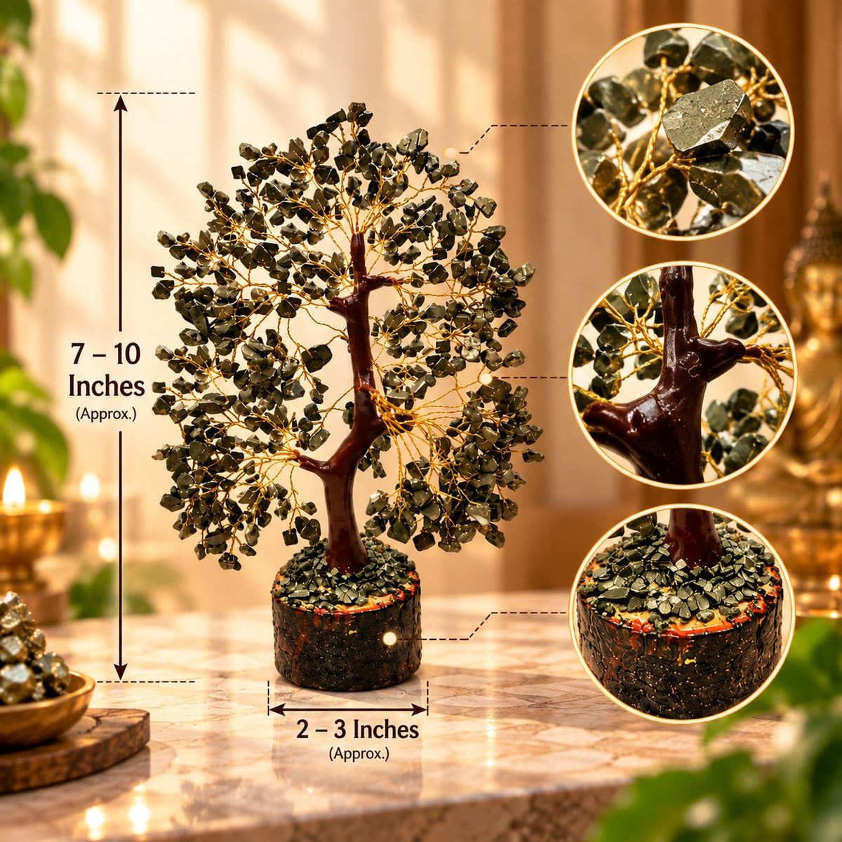 Pyrite Tree approximately 7 to 10 inches tall with detailed pyrite stone branches and wooden base