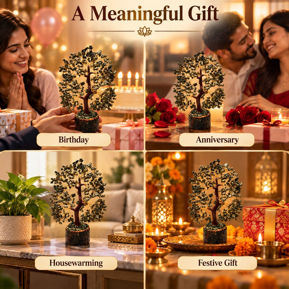 Pyrite Tree shown as a meaningful gift for birthday, anniversary, housewarming and festive occasions