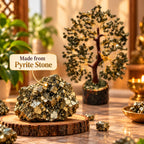Pyrite Tree made with natural pyrite stones, golden wire branches and wooden base