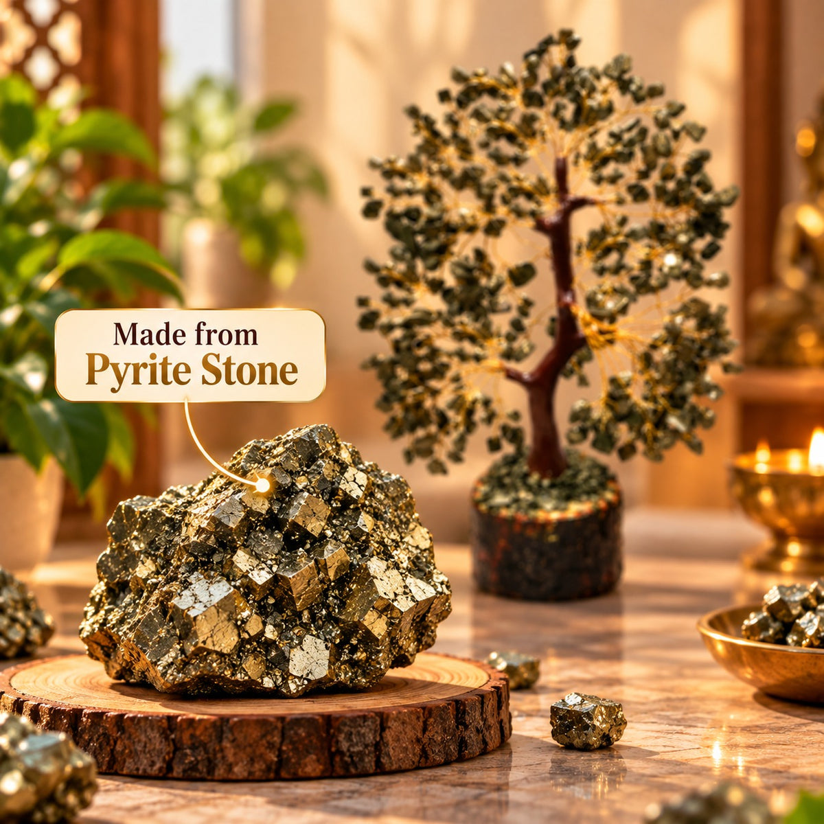 Pyrite Tree made with natural pyrite stones, golden wire branches and wooden base