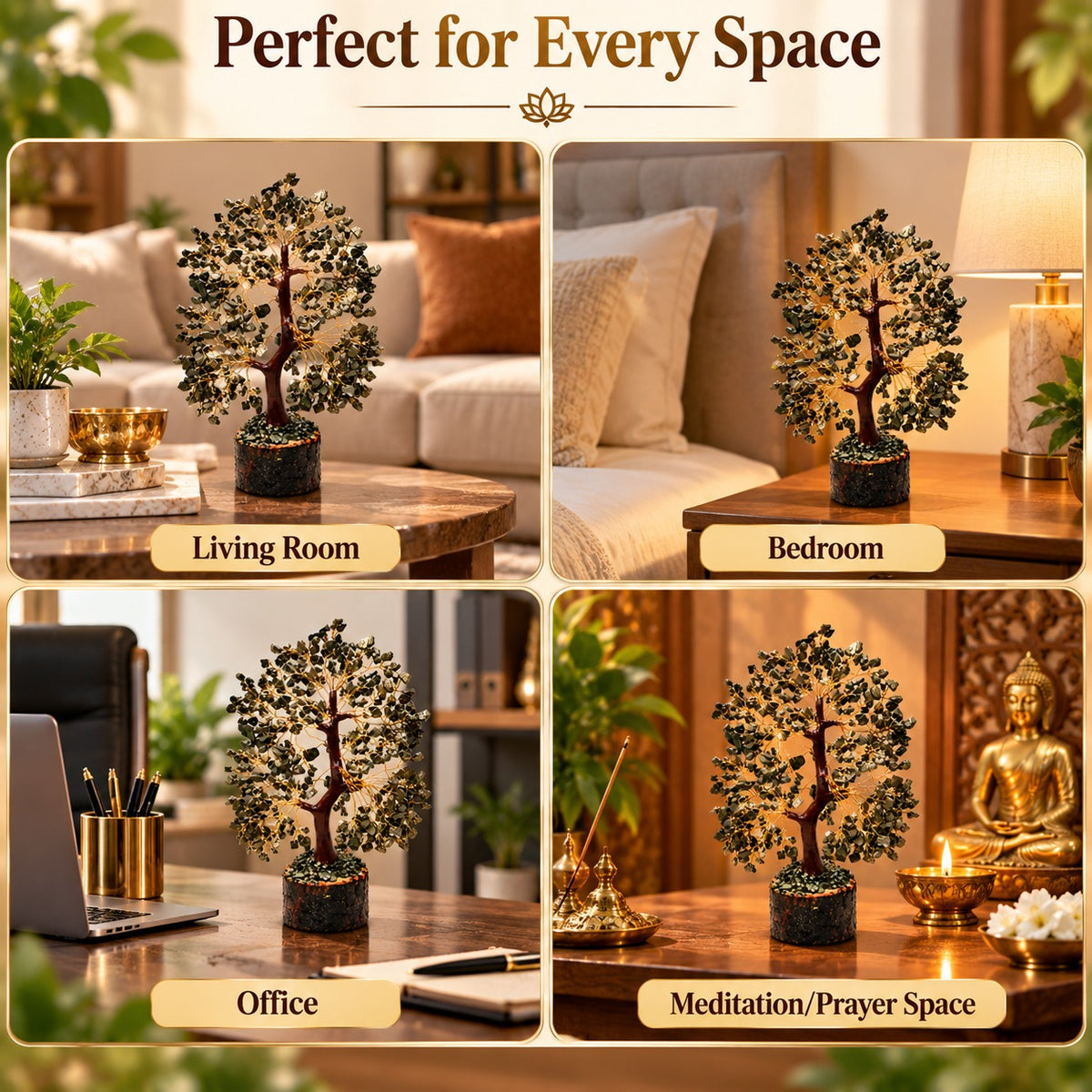 Pyrite Tree displayed in living room, bedroom, office and meditation or prayer space
