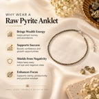 Raw Pyrite anklet showing its key benefits including wealth, protection, confidence and positive energy