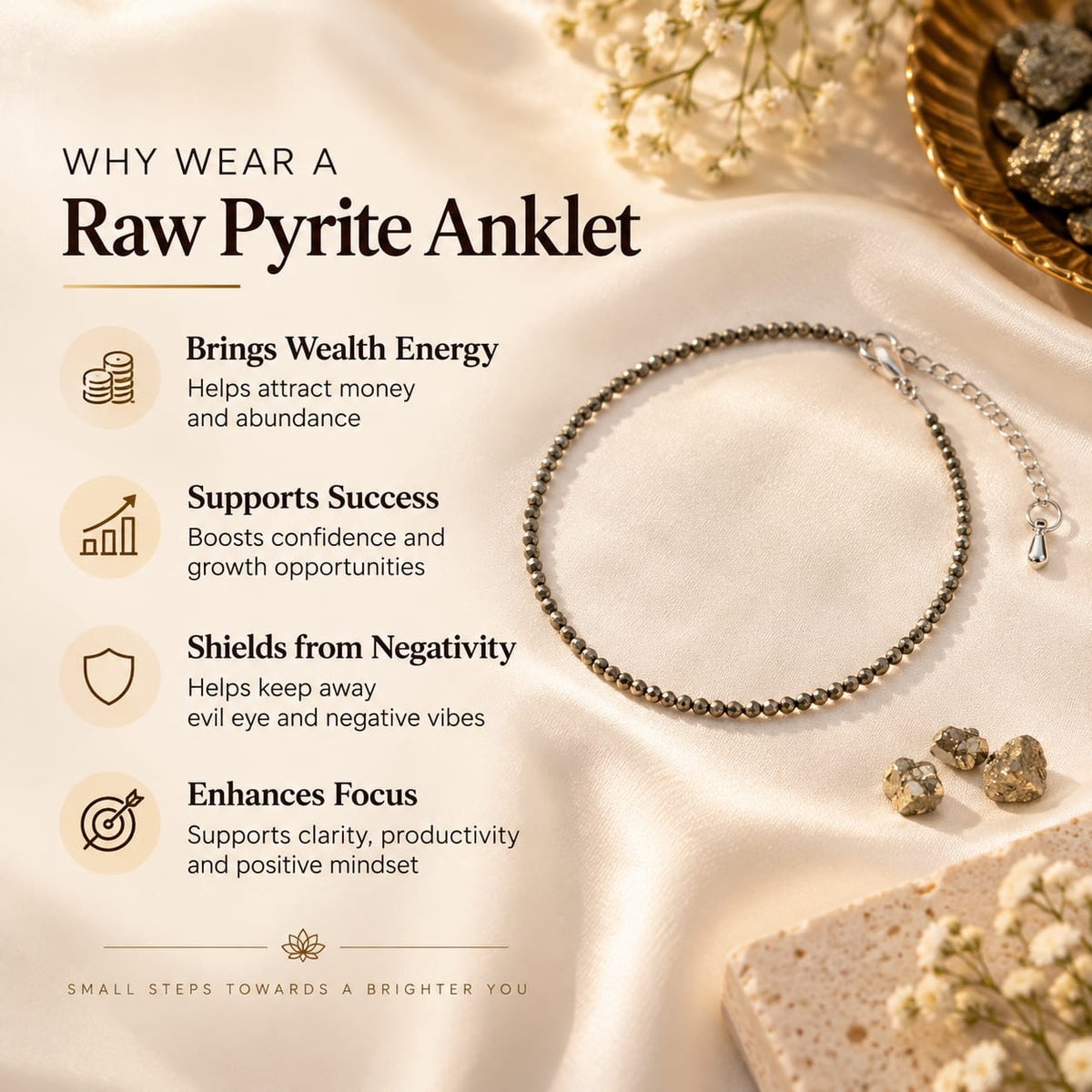 Raw Pyrite anklet showing its key benefits including wealth, protection, confidence and positive energy