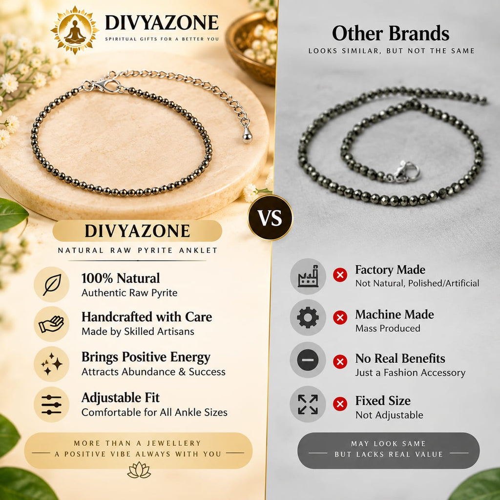 Raw Pyrite anklet showing natural Pyrite crystal quality and comparison with other anklets