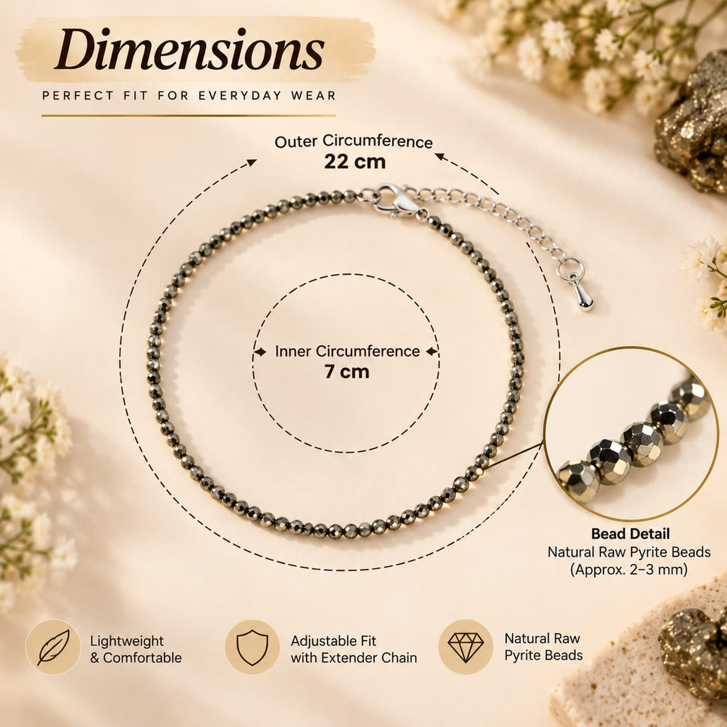 Raw Pyrite anklet with product dimensions, circumference and adjustable fit details