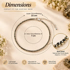 Raw Pyrite anklet with product dimensions, circumference and adjustable fit details