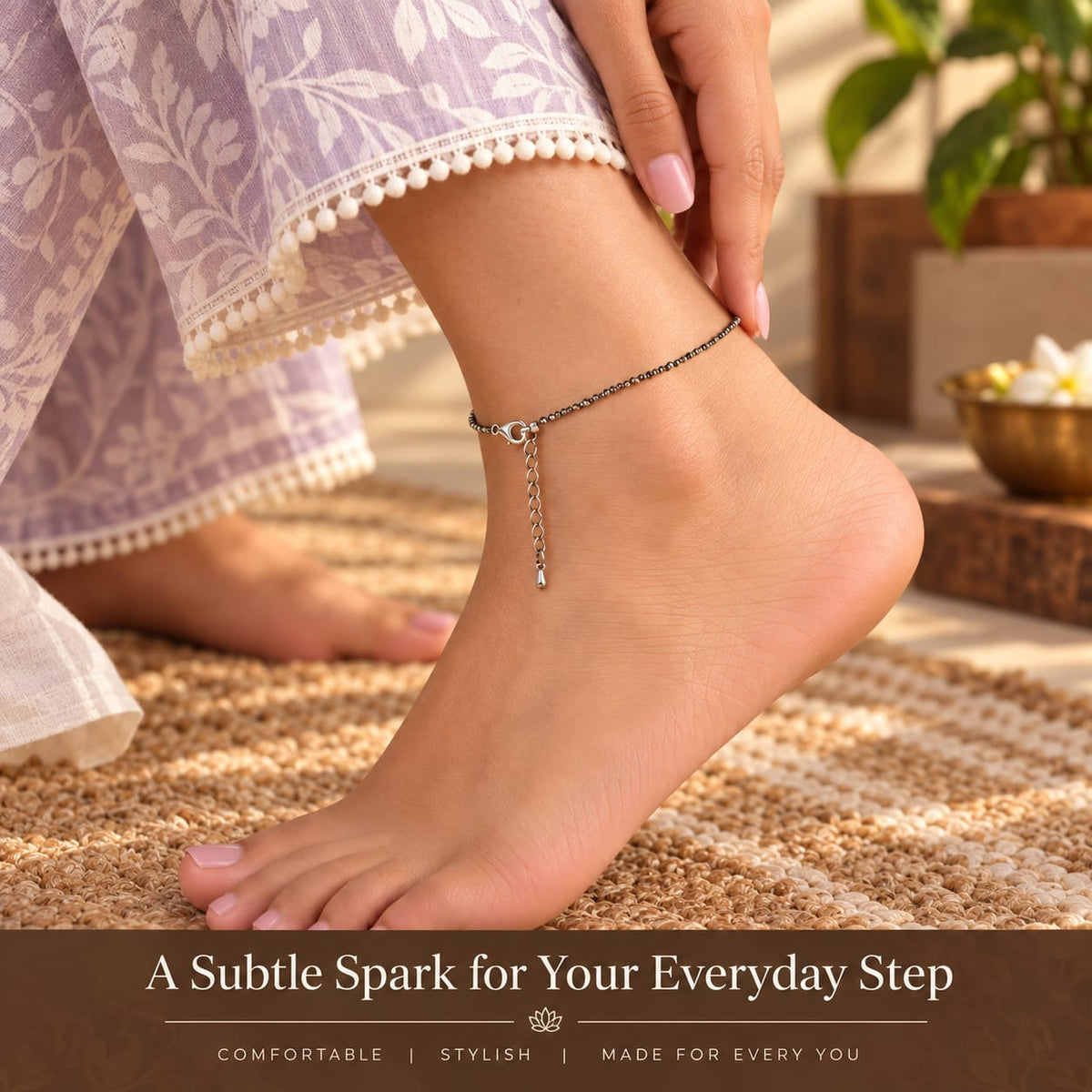 Woman wearing a natural Raw Pyrite anklet on her foot