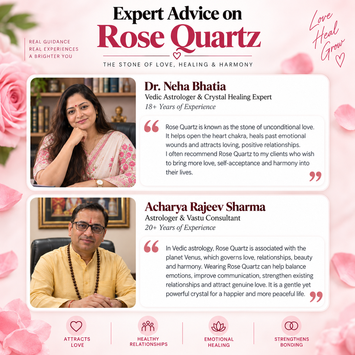 Expert advice on Rose Quartz from astrologers, highlighting its benefits for love, healthy relationships, emotional healing, harmony, and stronger bonding.