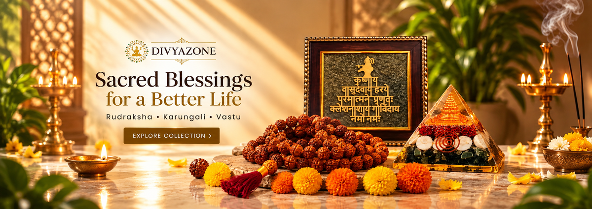 Divyazone sacred blessings collection featuring Rudraksha beads, Karungali, Vastu frame and crystal pyramid