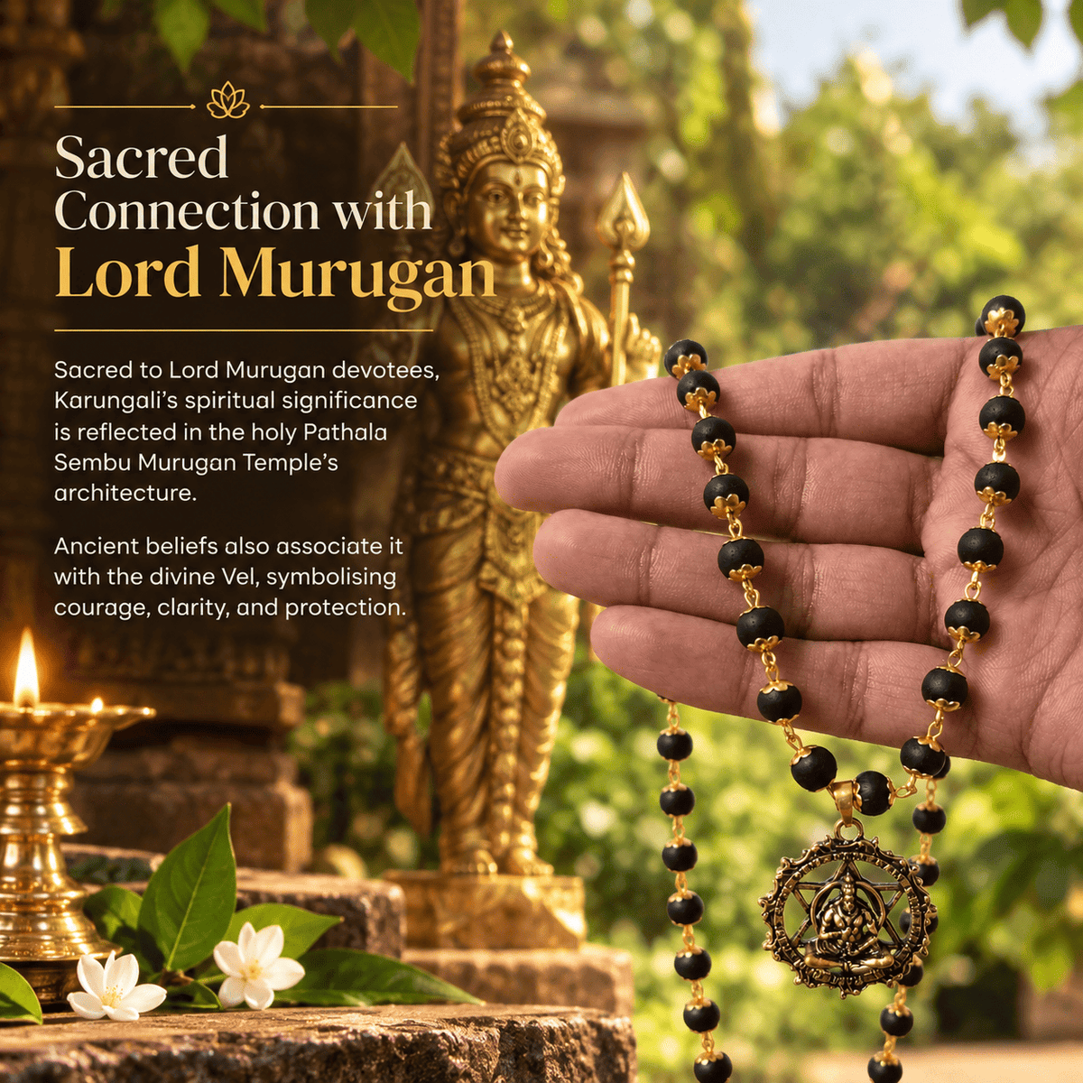 Divyazone Karungali Mala with Hanuman Kavach showcasing its spiritual design and traditional significance